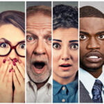 A collage of diverse people expressing fear or dental anxiety, each in a separate vertical segment. The individuals have wide eyes and open mouths, some covering their faces with their hands, while others display a mix of emotions including fear, disbelief, and astonishment. The group includes a variety of ages, genders, and ethnicities.