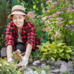A woman wearing a straw hat, red and black plaid shirt, and white gardening gloves is kneeling and tending to a flower bed. She is surrounded by lush green plants and pink flowers, working with a smile on her face. The garden is vibrant and filled with various types of vegetation.