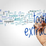 A word cloud related to dentistry and oral health is displayed, with prominent words such as "extraction," "tooth," "dental," "dentist," "hygiene," "medical," and "toothache." A hand holding a marker is adding the word "extraction" to the cloud. The text varies in size and color, with shades of blue, teal, and black, on a white background. The arrangement highlights key terms associated with dental care and procedures.
