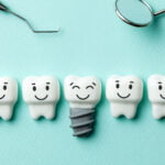 Four cartoon-style teeth with happy faces and one with a brace, accompanied by dental tools on a light teal background. This playful and friendly representation is often used to create a positive association with dental care and hygiene.